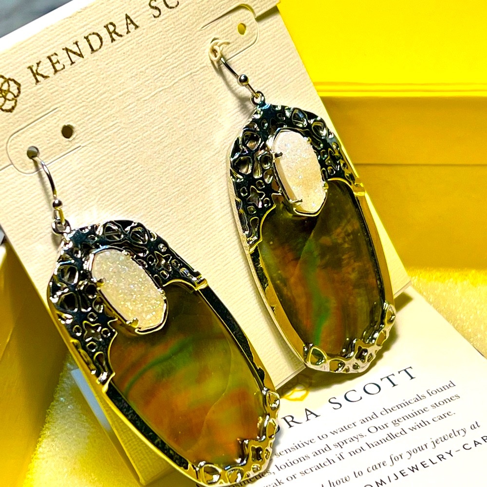 NWT Kendra Scott Deva Earrings Black Pearl Iridescent Drusy & Silver SUPER RARE - Picture 5 of 16